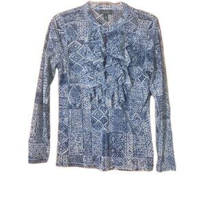 Vintage LRL Lauren Jeans. Sz L womens ruffled blue/white stretchy blouse. HL198